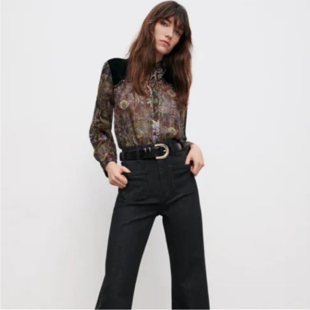 NWT Zara Paisley Printed Velvet Studded Blouse Multicolor Metallic Thread Rare - Picture 5 of 6